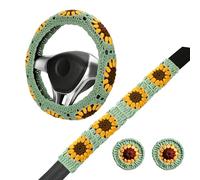 Crochet Steering Wheel Cover Set,Cute Steering Wheel Cover Boho 14-15'',Sunflower Granny Square Pattern,Gift for Women Car Decoration Accessories HZYZW (Wheel Cover Set)
