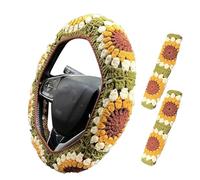 Crochet Steering Wheel Cover, Vintage Handmade Knitted Boho Sunflower Steering Wheel Protector with 2 Seat Belt Covers, Anti-Slip, Car Interior Aesthetic Decorations for Women