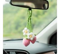 Crochet Strawberry and Flower Car Hanging Ornaments, Mirror Hanging Car Accessories, Handmade Knitted Rearview Mirror Accessories for Women Girls, Cute Car Decor Pendant for Holiday