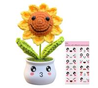 Crochet Sunflower, Funny Crochet Flowers with 12 Emoji Stickers, Knitted Sunflower Pot, Mini Sunflower Gifts for Office Desk Car Dashboard Decoration