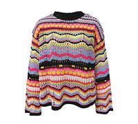 Crochet Sweaters for Women Hollow Out Pullover Crop Sweater Tops Flared Long Sleeve Rainbow Striped Colorful Knit Casual Sweaters