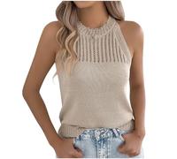 Crochet Tank Tops Women UK Clearance Ladies Halter Neck Tops Hollow Out Knitted Camisoles Casual Sleeveless Vests Summer Tshirt Holiday Beach Blouses Tee Cami Vests Elegant Going Out Top