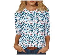 Crochet Top Casual Three Quarter Sleeve T Shirt Ladys Summer Oversized Going Out Coo Relaxed Fit Crew Neck Printed Tees Ladys Blue