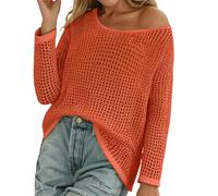 Crochet Top for Women Swimsuit Sexy Off Shoulder Knitted Jumper Bikini Cover Up Crochet Tops Knitted Beach Outfits Round Neck Crochet Jumper Mesh Transparent Jumper Summer Beachwear, O Orange, XL