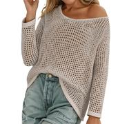 Crochet Top for Women Swimsuit Sexy Off Shoulder Knitted Jumper Bikini Cover Up Crochet Tops Knitted Beach Outfits Round Neck Crochet Jumper Mesh Transparent Jumper Summer Beachwear, O Beige, XL