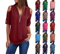 Crochet Top, Summer Cold Shoulder T Shirt for Women UK Plus Size Ladies 3/4 Sleeve Zipper V Neck Chiffon Blouse Tops Elegant Business Casual Dressy Tunic Top Spring Fall Beach Resort Outfits Wine
