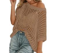 Crochet Tops for Women UK Sexy Hollow Out Off Shoulder Short Sleeve Jumper Casual Summer Knit Beach Cover Up Sweater Lightweight Oversized Baggy Pullover Tops