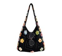 Crochet Tote Bag, Handmade Knit Flower Pattern Boho Style Hollow Out Yarn Shoulder Handbag, Lightweight 33x27cm Beach Travel Commuting Festival Dating Use for Women Girls | Ethnic Style Crochet Carry