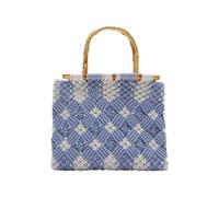 Crochet Tote Bags for Women Summer Beach Woven Bag Basket Tote Bag Beach Boho Summer Straw, Holiday Handbag Travel Bamboo Bag Handles Cotton Rope (Blue)