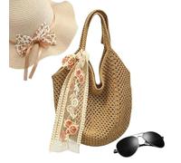 Crochet Tote,Boho Hollow Purses With Pink Lace Ribbon,Knitted Crochet Beach Tote Is Designed To Be A Lightweight Woven Shopping Bag, Offering Practical To Go From C, Khaki, Consulte la descripción