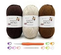 Crochet Yarn 3x100g Cotton DK Yarn (60% Cotton 40% Acrylic) Knitting Wool Crochet Kits with 2.5mm Hook & Accessories, Double Knitting Wool for Beginners, Ideal for Baby Crafts Large Projects（Coffee-3