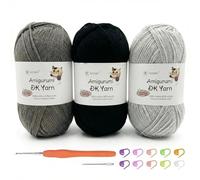 Crochet Yarn 3x100g Cotton DK Yarn（60% Cotton 40% Acrylic Knitting Wool Crochet Kits with Accessories, Double Knitting Wool for Beginners, Ideal for Baby Crafts Large Projects (Black-3)