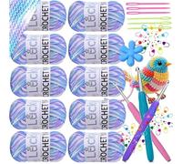 Crochet Yarn Double Knitting Wool (10X50g), Multicoloured Acrylic Yarn Crochet Wool with Aluminum Crochet Hooks Stitch Markers for DIY Amigurumi Craft Blankets Socks Dolls (05 White Blue Ombre)