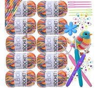 Crochet Yarn Double Knitting Wool (10X50g), Multicoloured Acrylic Yarn Crochet Wool with Aluminum Crochet Hooks Stitch Markers for DIY Amigurumi Craft Blankets Socks Dolls (03 Rainbow Orange)