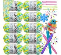 Crochet Yarn Double Knitting Wool (10X50g), Multicoloured Acrylic Yarn Crochet Wool with Aluminum Crochet Hooks Stitch Markers for DIY Amigurumi Craft Blankets Socks Dolls (06 White Green Yellow)