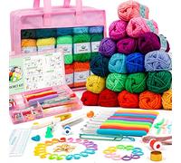 Crochet Yarn Kit for Beginners Adults and Kids, Includes 1650 Yards 30 Colors Acrylic Skeins, User Manual, Hooks, Pink Bag etc, Make Amigurumi & Crocheting Projects, Starter Set for Professionals