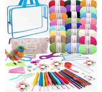 Crochet Yarn Kit for Beginners,Knitting Wool Kit with 24x25g Crochet Yarns Ergonomic Metal Crochet Hooks 2mm-8mm Knitting Accessories Tools Storage Case Needles Crochet Starter Kit (G-Sky Blue)