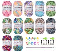Crochet Yarn Knitting Wool, ilauke 12 Colors x 25g Acrylic Yarn Crochet Wool with Aluminum Crochet Hooks Stitch Markers, Hand Knitting Yarn, Crochet Kits for Beginners (Multi-Colored, 5-Ply)