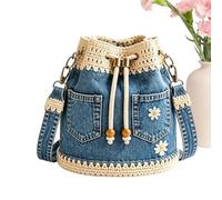 Crocheted Denim Bucket Bag, Vintage Style Design With Embroidery | Womens Denim Bucket Bag for Work, Vacation, Daily Commuting, Dating, Casual Outings