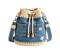 Crocheted Denim Bucket Bag, Vintage Style With Embroidery | Womens Denim Bucket Bag for Work, Vacation, Daily Commuting, Dating, Casual Outings