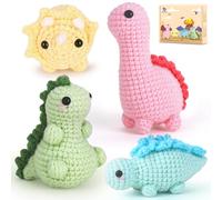 Crochetta Kit for Beginners, Beginner Kit for Adults with Step-by-Step Video Tutorials, DIY Animal Kits Kids Knitting Supplies, 4 Pack Dinosaurs (40%+ Yarn)