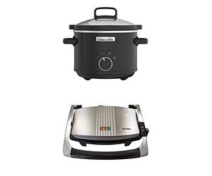 Crock-Pot CSC046 Slow Cooker, Removable Easy-Clean Ceramic Bowl, 2.4 Litre (1-2 People), Black + Breville Sandwich/Panini Press and Toastie Maker, 3-Slice, Stainless Steel [VST025]