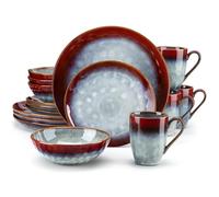 Crockery Set 16/32/48-Piece Dinner Set,Red Green Kiln Change Glaze Tableware Service with Plate,Dessert,Bowl,Mug(16-PCS RED)
