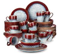 Crockery Set 16/32/48-Piece Dinner Set,Red Green Kiln Change Glaze Tableware Service with Plate,Dessert,Bowl,Mug(48-PCS RED)
