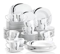 Crockery Set 30/60 Piece Black Lines Porcelain Ceramic Tableware Set with Dessert Plates/Soup Plates/Dinner Plates/Cups/Saucers(60-Piece)