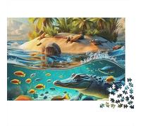 Crocodile 1000 Piece Stress Relief Puzzle for Adults Crocodile Underwater with Fish near Island Premium Thick Sturdy Challenging Relaxation 52x38cm/1000pcs