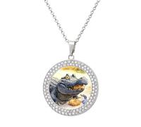 Crocodile And Birds Fashion Necklace Chain Round Graphic Pendant with Diamond Jewellery Silver-style