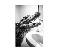 Crocodile Brushing Teeth, Funny Bathroom Wall Art, Cute Laundry Room Decor, Animals in Bathroom, Retro Crocodile Print, Ai Art-1