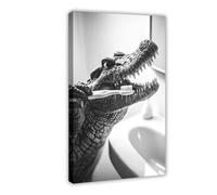 Crocodile Brushing Teeth, Funny Bathroom Wall Art, Cute Laundry Room Decor, Animals in Bathroom, Retro Crocodile Print, Ai Art-1