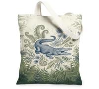 Crocodile Canvas Tote Bag for Women, Nature Artistic Leaves Flowers Summer Green Washable Reusable Small Tote Bag for Shopping Brunch Park Library Day Trips 13x15 Inch