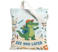 Crocodile Canvas Tote Bag for Women, Playful Cartoon Backpack Books Green Washable Reusable Small Tote Bag Ideas for Fa, Green, 13x15 Inch