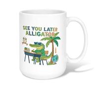 Crocodile Ceramic Coffee Mug, Playful Cartoon Palm Tree Clock Green Novelty Work Drinking Mugs with Handle Ideal for Friendship Family Colleague Teachers Sweetheart Staff 15 Oz