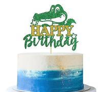 Crocodile Happy Birthday Cake Topper, First Second Third Birthday Party, Reptile Crocodile Animal Themed Cake Topper, Cute Crocodile Birthday Party Cake Decorations Gold Green Glitter