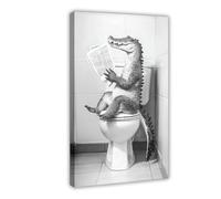 Crocodile Sitting on The Toilet Reading A Newspaper, Cute Retro Animals, Toilet Humor, Modern Wall Prints Abstract Geometric Minimalist Art Framed Canvas Prints For Office Bedroom Wall Decor 24x36inch