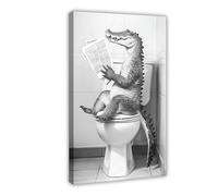 Crocodile Sitting on The Toilet Reading A Newspaper, Funny Bathroom Wall Art, Cute Retro Animals, Toilet Humor Print, Ai Art-1