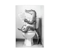 Crocodile Sitting on The Toilet Reading A Newspaper, Funny Bathroom Wall Art, Cute Retro Animals, Toilet Humor Print, Ai Art-1