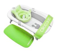 CROCOKID® Large Folding Baby Bath Tub for Baby, 0 to 5 Years - Kit: Support Cushion/Knee Pad - Non-slip Feet, Safety Lock - Size 51 x 85 cm (Green)
