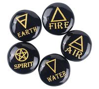Crocon 5 Elements Black Tourmaline Stones round Shape Engraved Triangle Symbols (Earth Air Fire Water Spirit) Polished Palm Stones for Gemstone Reiki Crystals Healing