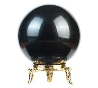 Crocon 55mm Black Tourmaline Stone sphere Ball with Metal Stand 1400+ Carats Gemstone Ball Healing Sphere Sculpture Figurine for Fengshui Divination Home Decoration Photography Crystal Sphere