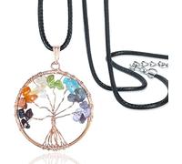 Crocon 7 Chakra Tree of Life Pendant Natural Healing Crystal Quartz Pendant Necklace Round Shape Copper Wire Wrap Necklace Seven Chakra Gemstone for Women Men Unisex Jewelry Gifts