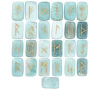 Crocon Amazonite Rectangle Shape Gemstone Runes with Elder Futhark Alphabet Engraved 25 pcs Rune Set Crystal Divination Metaphysical Healing Chakra Reiki Runes Set with a Pouch Size : 20-25mm