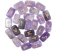 Crocon® Amethyst Gemstone Rune stones Rectangle Shape with Elder Futhark Alphabet Engraved 25 pcs Rune Set Crystal Divination Healing Chakra Reiki with a Pouch & Rune brochure Size : 20-25mm