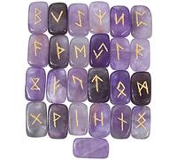 Crocon Amethyst gemstone runes with Elder Futhark Alphabet Engraved 25 pcs rune set Crystal Divination Healing Chakra Reiki runes stones set Size : 20-25mm With pouch & rune brochure