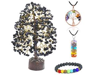 Crocon® Black Tourmaline Crystal Tree Gift Set With 2 Chakra Pendants & Chakra Bracelet, Tree Of Life Crystal Tree, Birthday Gifts For Women, Men, Dad & Mum Gifts, Home Decor Item
