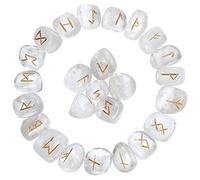 Crocon Clear Quartz Gemstone Rune Stone with Elder Futhark Alphabet Engraved Symbol 25 pcs Set | Size: 15-20 mm | with a Pouch & Rune brochure