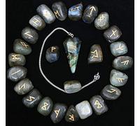Crocon Labradorite Gemstone Engraved Rune Stones Set (25 Pcs) with Elder Futhark Alphabets & 1 Labradorite Pendulum Reiki Healing Stones Chakra Craft Norse Runes Size: 15-20 mm